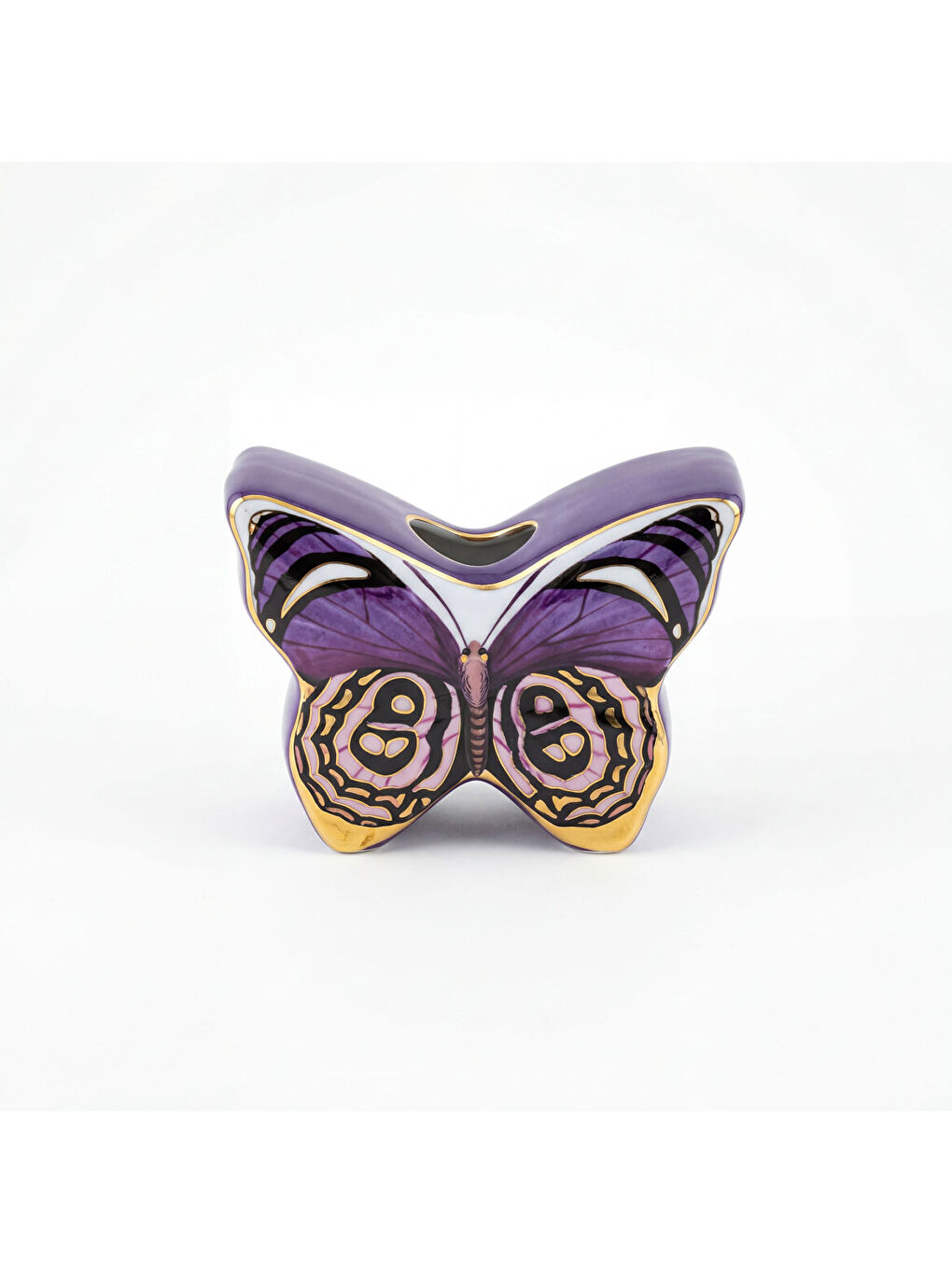 Ekru El Dekoru Kelebek Tasarımlı Dekoratif Porselen Vazo Mor 13x10 Cm-4