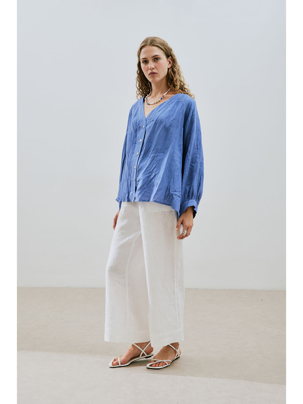 Keten Crush Düğmeli Bluz Mavi-4