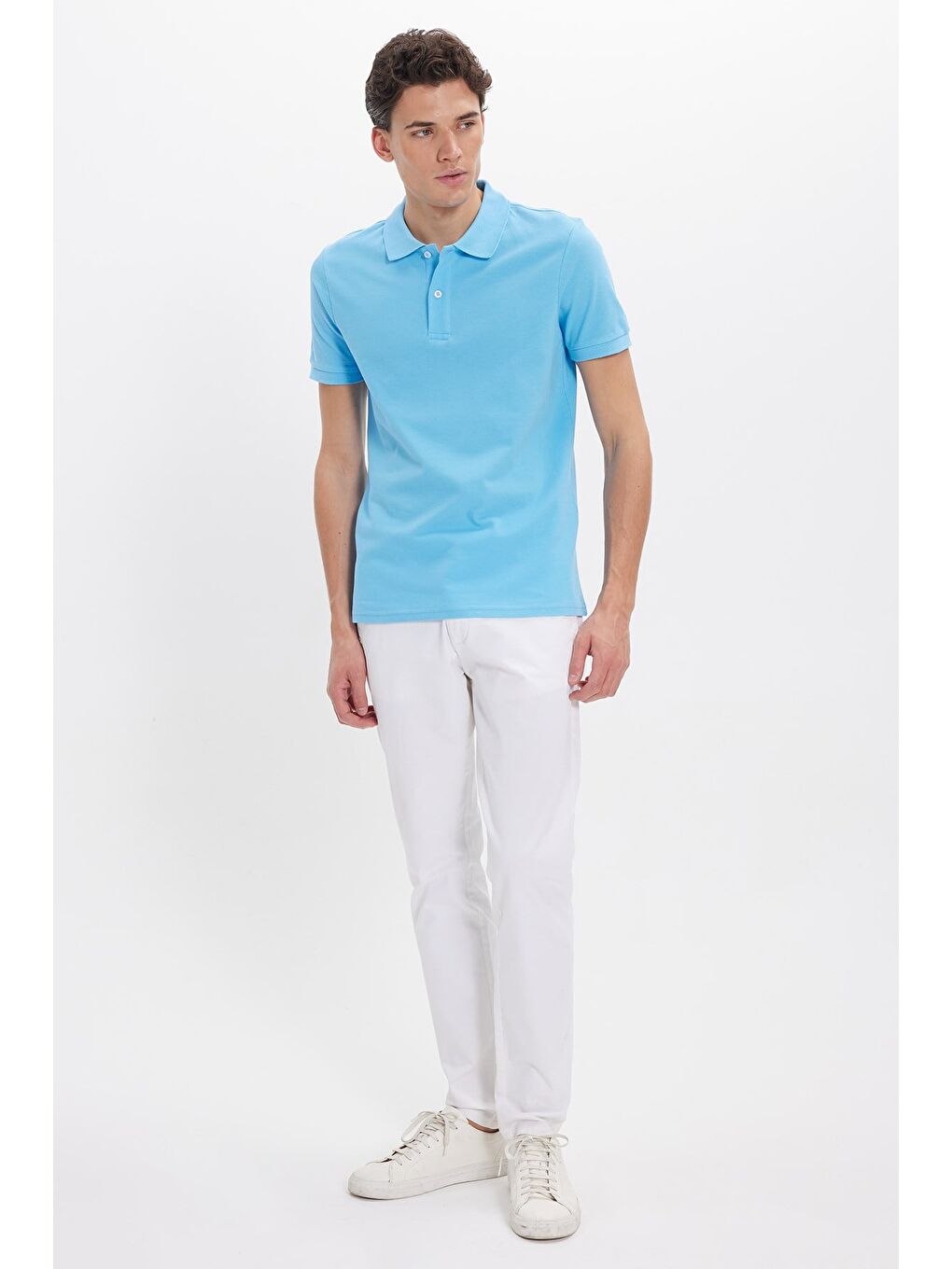 Erkek Slim Fit Dar Kesim %100 Pamuk Kısa Kollu Polo Yaka Mavi Tişört-1