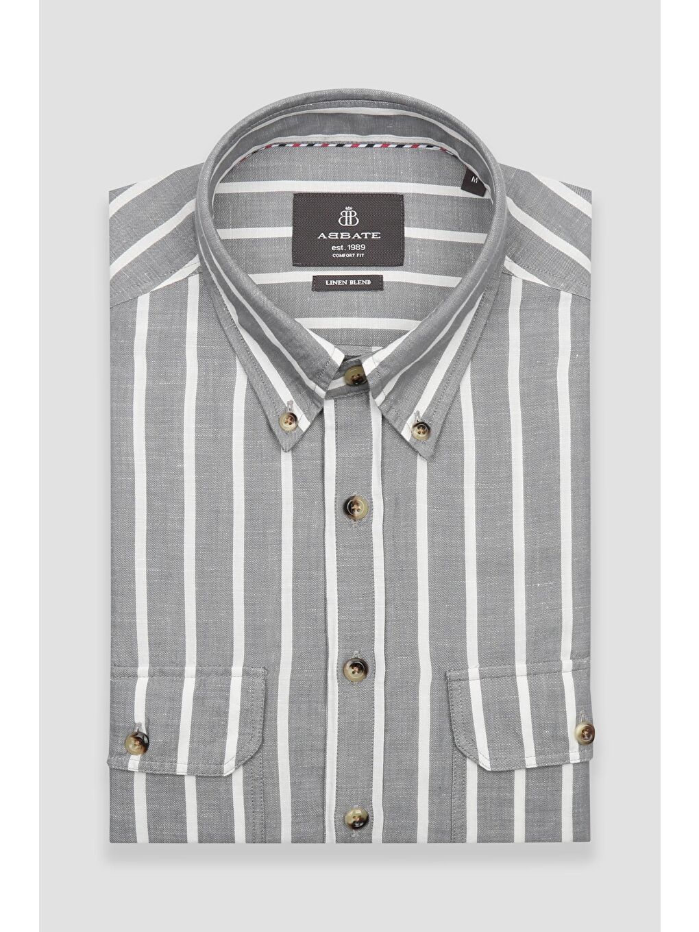 Alba Keten Pamuk Keten Karışımlı Comfort Fit Gri Düğmeli Yaka Erkek Çizgili Gömlek-4