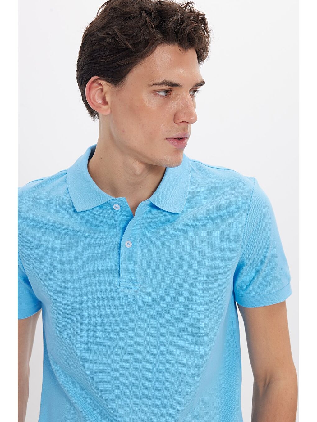 Erkek Slim Fit Dar Kesim %100 Pamuk Kısa Kollu Polo Yaka Mavi Tişört-2