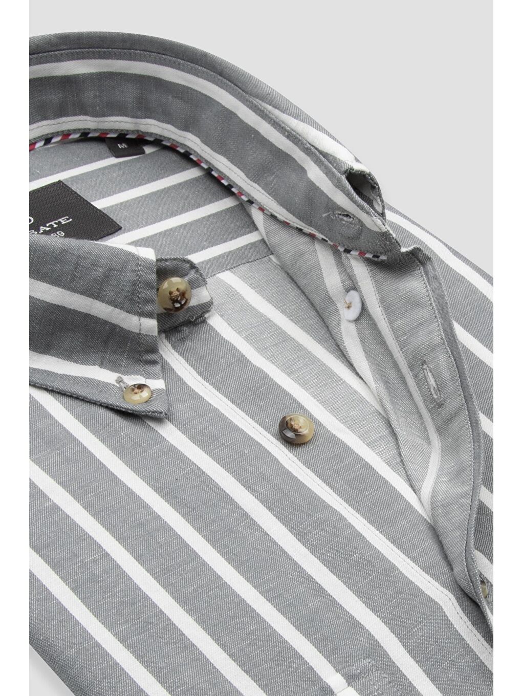 Alba Keten Pamuk Keten Karışımlı Comfort Fit Gri Düğmeli Yaka Erkek Çizgili Gömlek-5