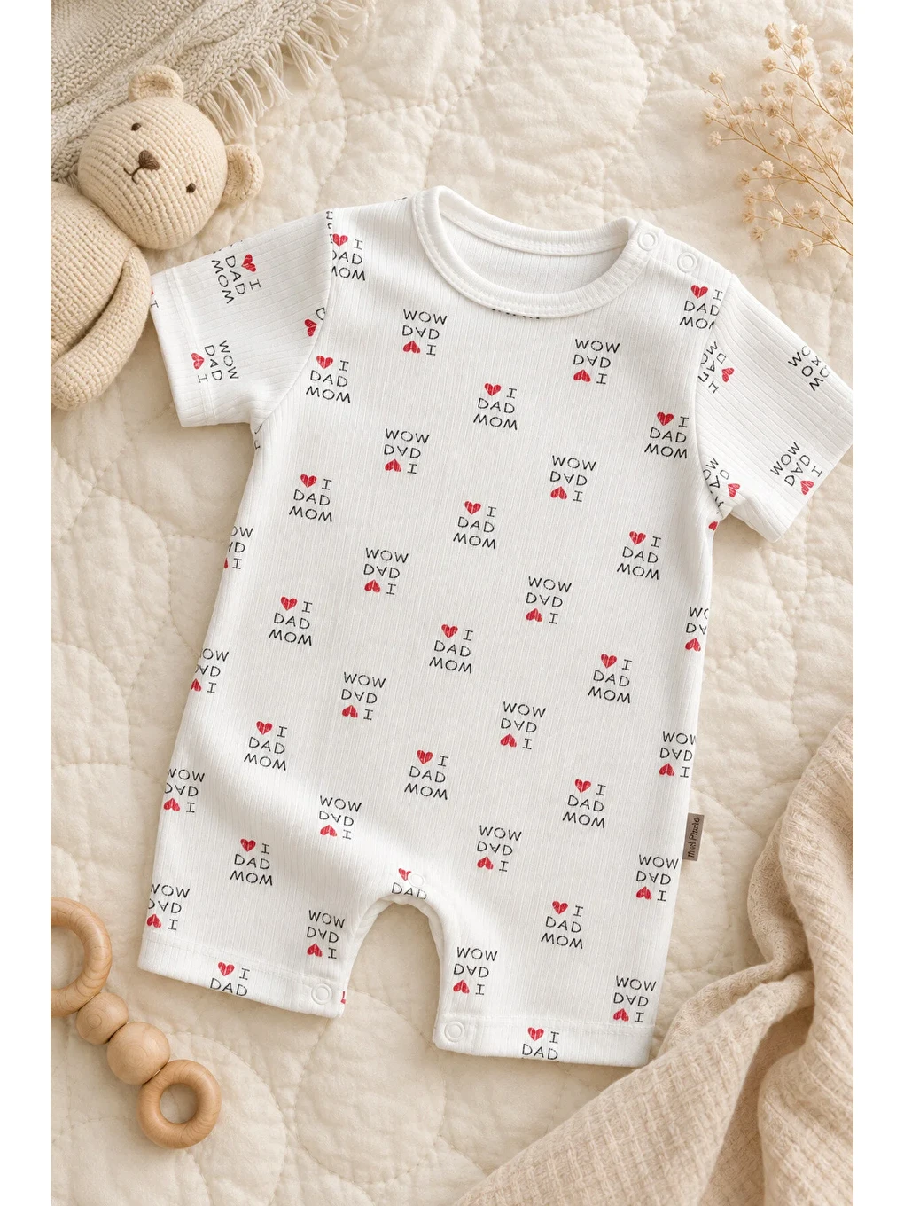 Kırmızı Unisex Bebek Organik Pamuklu Yazlık Kısa Kollu Fitilli Mom Dad Desenli Tulum 0-12 Ay