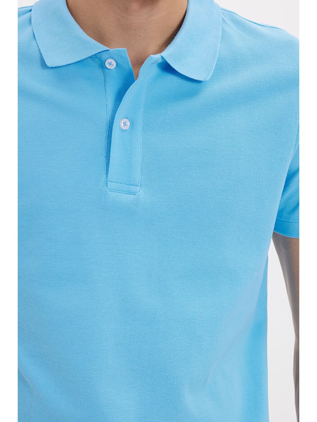 Erkek Slim Fit Dar Kesim %100 Pamuk Kısa Kollu Polo Yaka Mavi Tişört-4