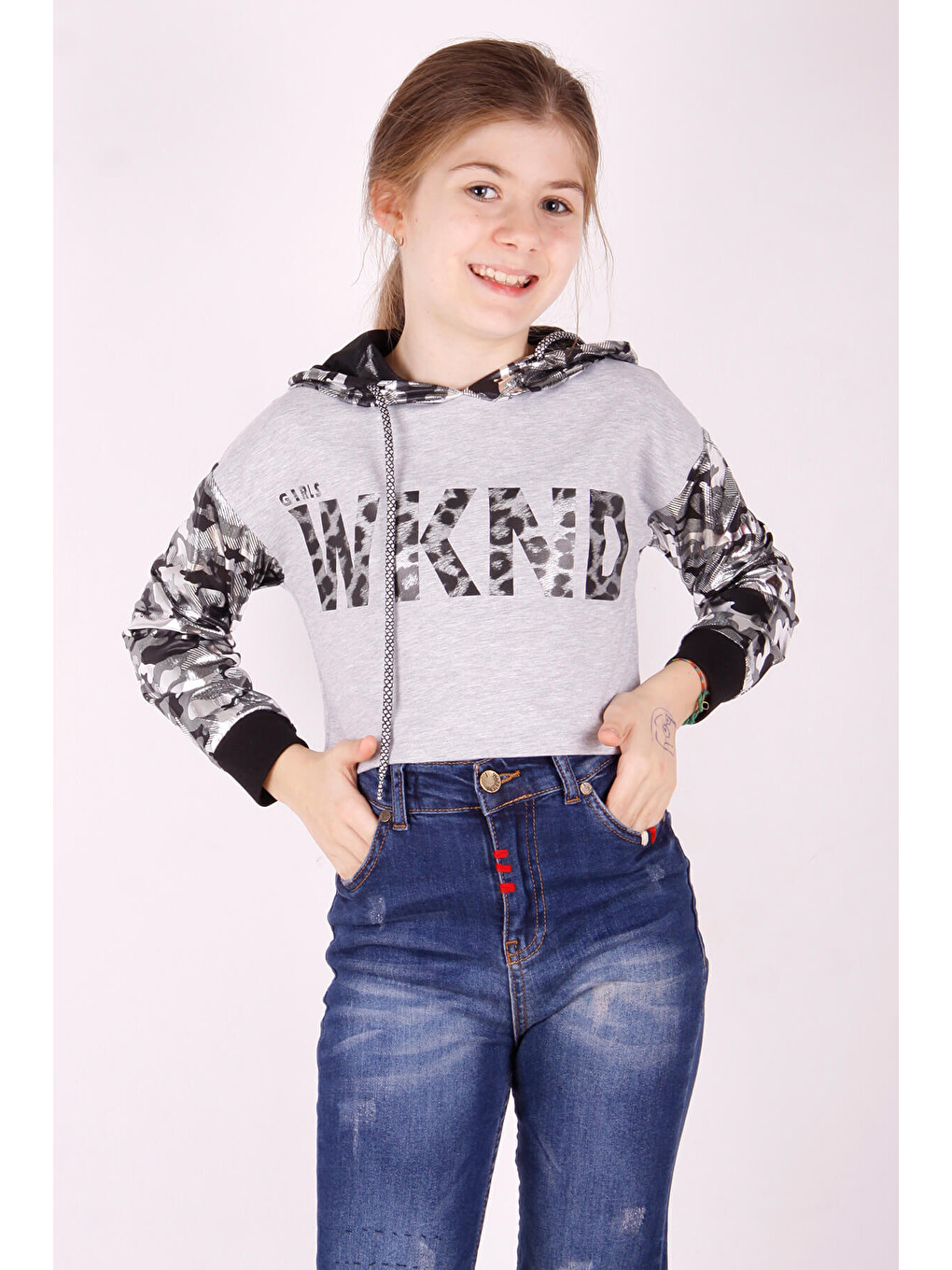 Gri Kız Çocuk Kamuflaj Desenli Kapüşonlu Sweatshirt