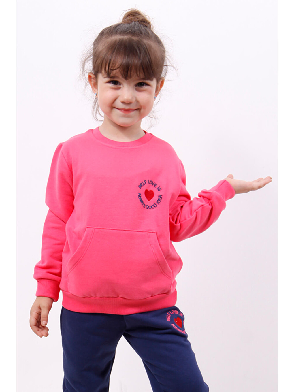 Fuşya Kız Çocuk Göğsü Kalp Nakışlı Sweatshirt