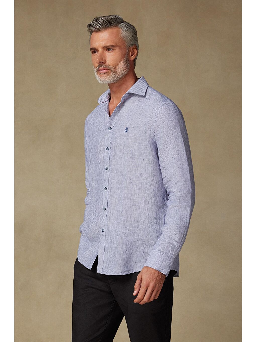 Lieno Keten Keten Comfort Fit Lacivert Klasik Yaka Erkek Çizgili Gömlek