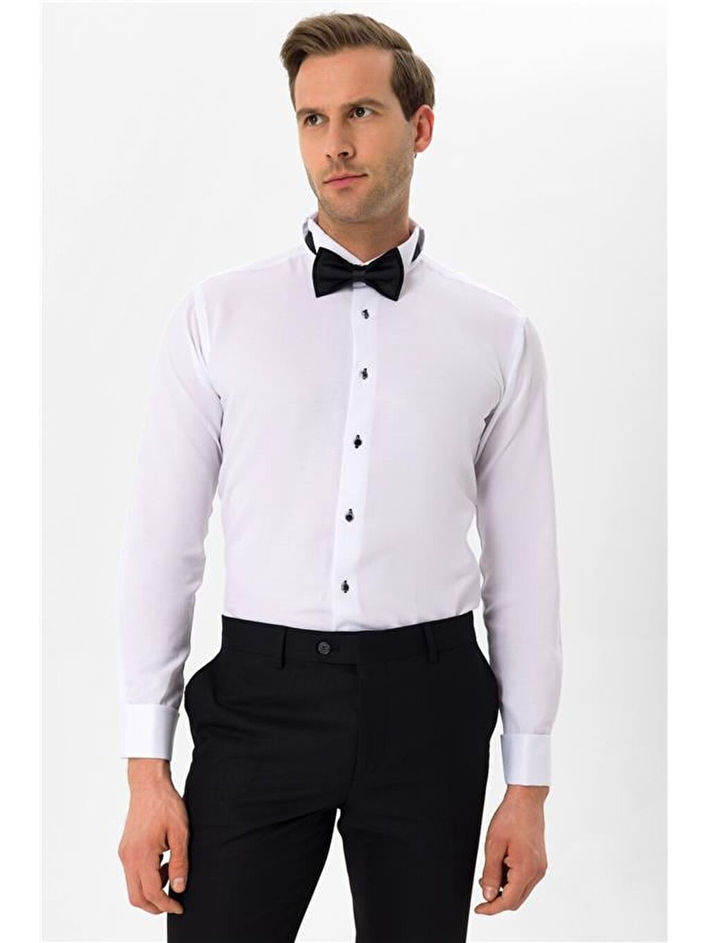 Siyah Slim Düz Ata Yaka Gömlek-1