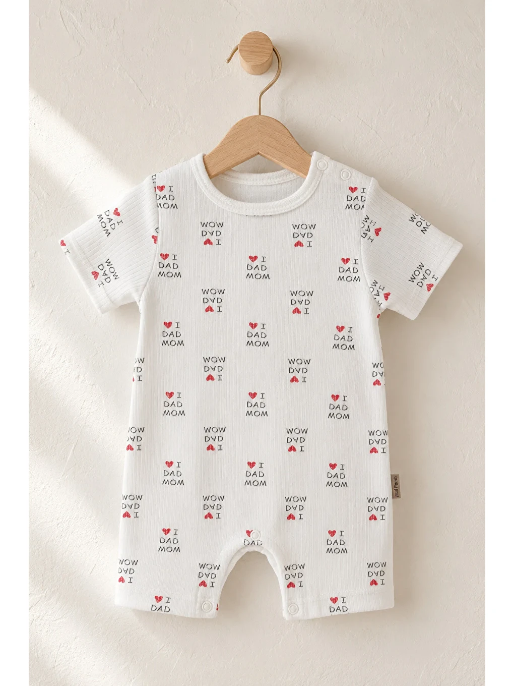 Kırmızı Unisex Bebek Organik Pamuklu Yazlık Kısa Kollu Fitilli Mom Dad Desenli Tulum 0-12 Ay-2