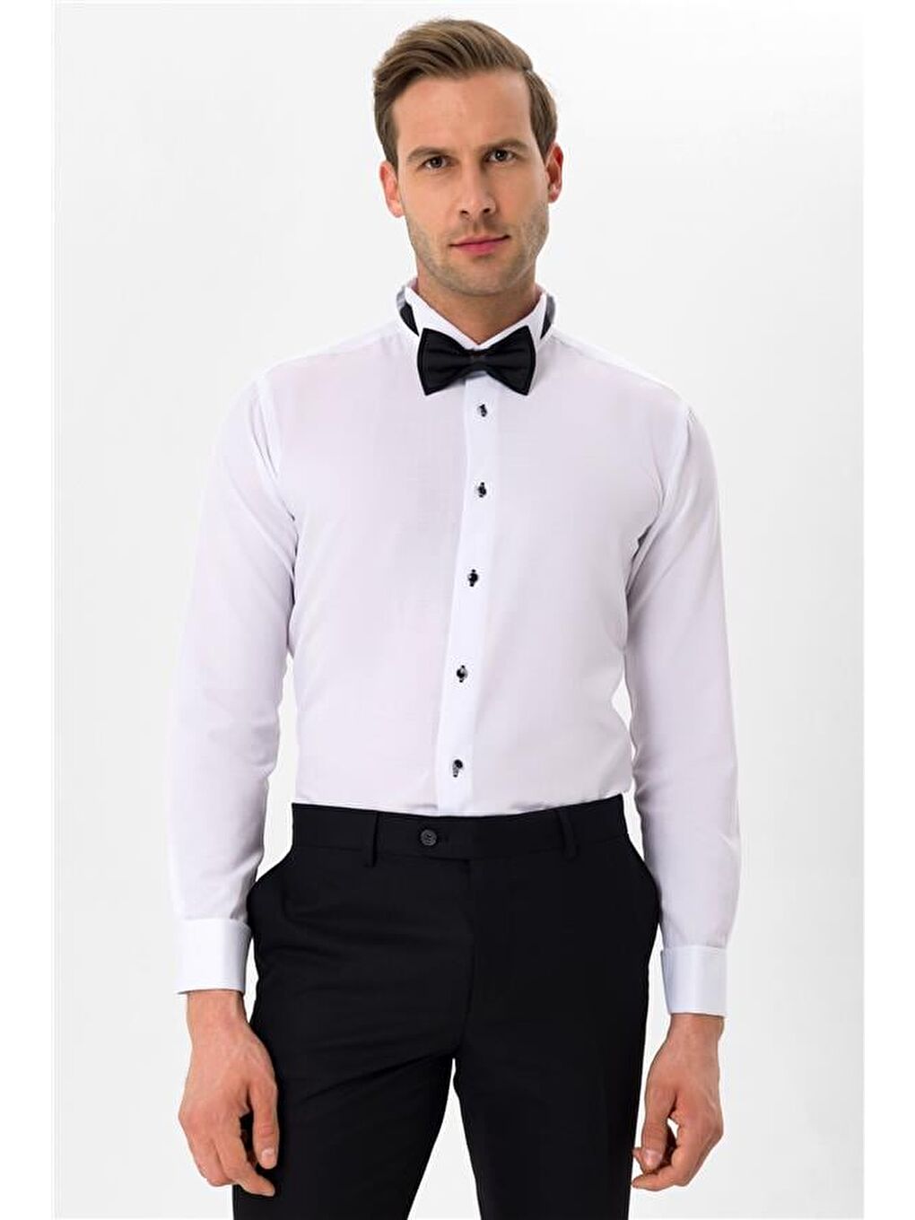 Siyah Slim Düz Ata Yaka Gömlek-2