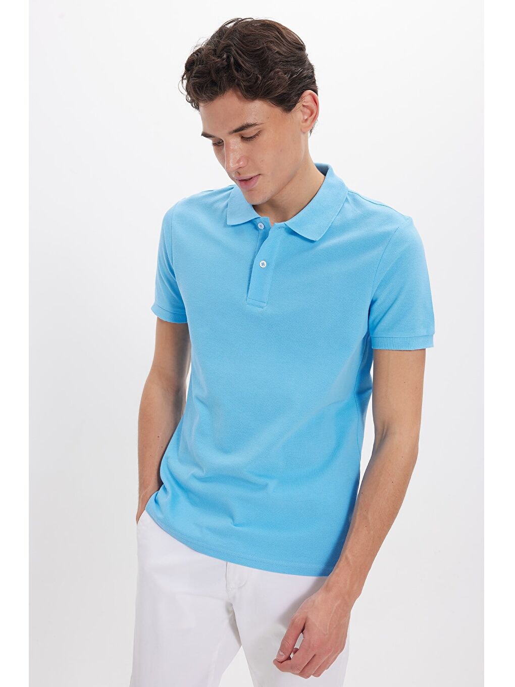 Erkek Slim Fit Dar Kesim %100 Pamuk Kısa Kollu Polo Yaka Mavi Tişört-6