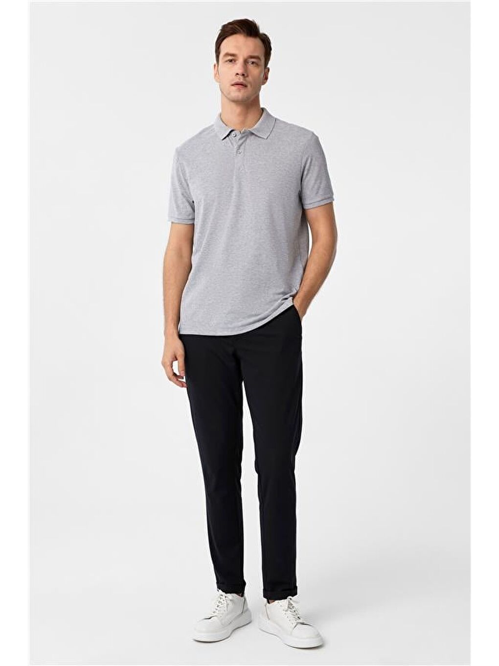 Gri Regular Armürlü Polo Yaka Tişört-4