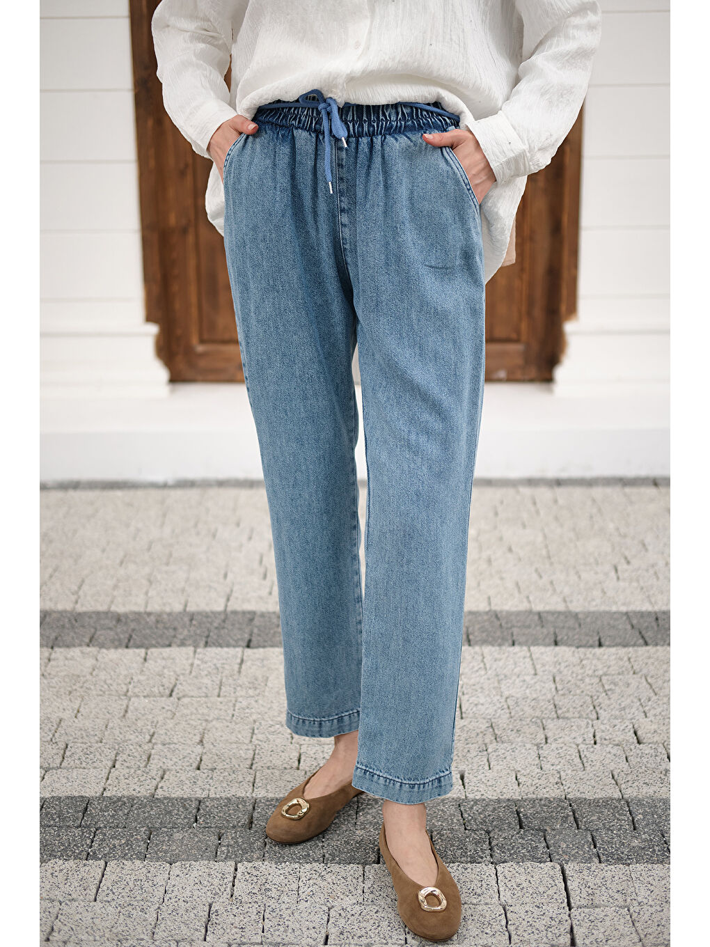 Kadın İp Kemerli Bol Paça Pike Pantolon Buz Mavi-1