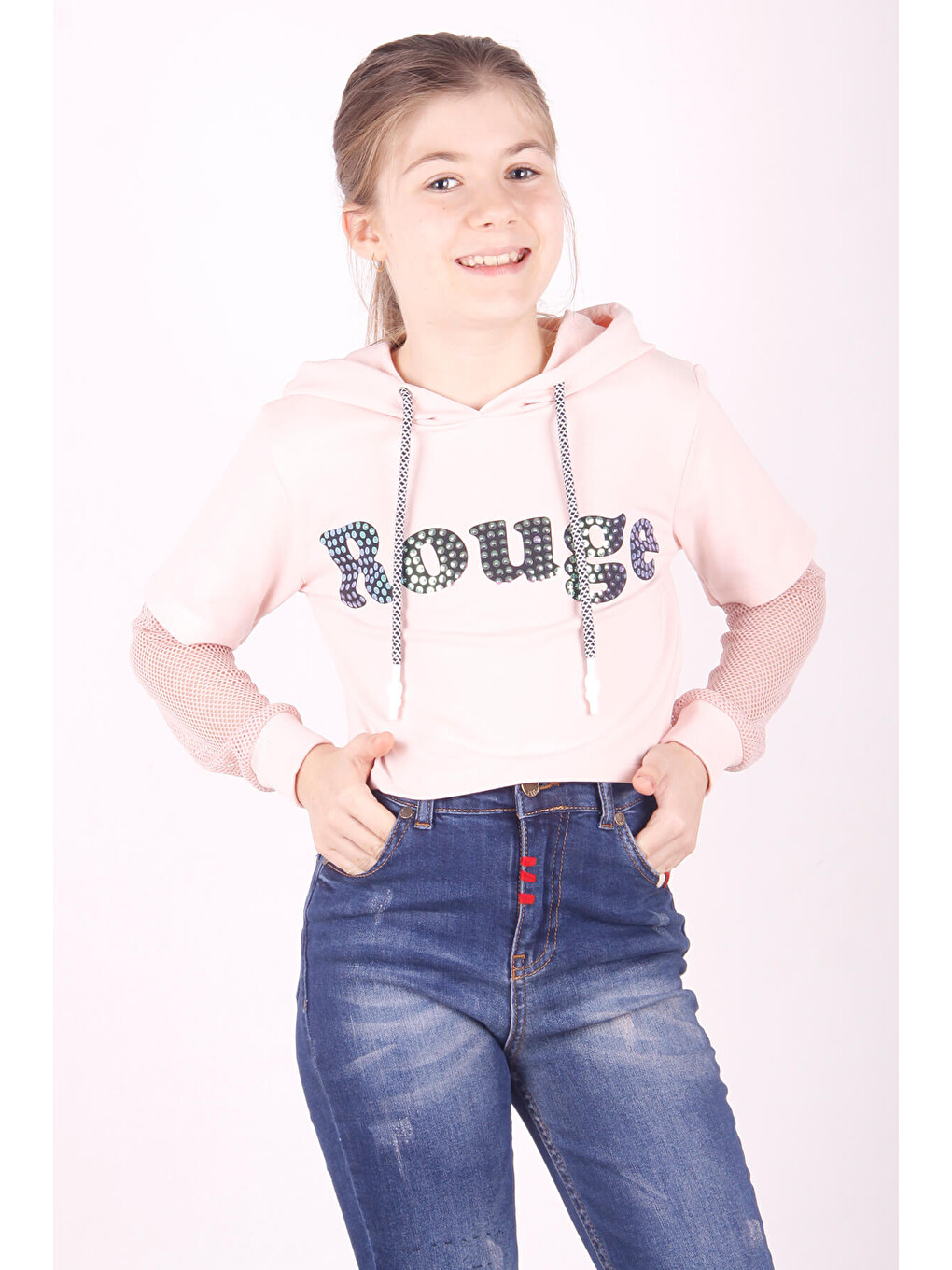 Pembe Kız Çocuk Rouge Baskılı Kapüşonlu Sweatshirt