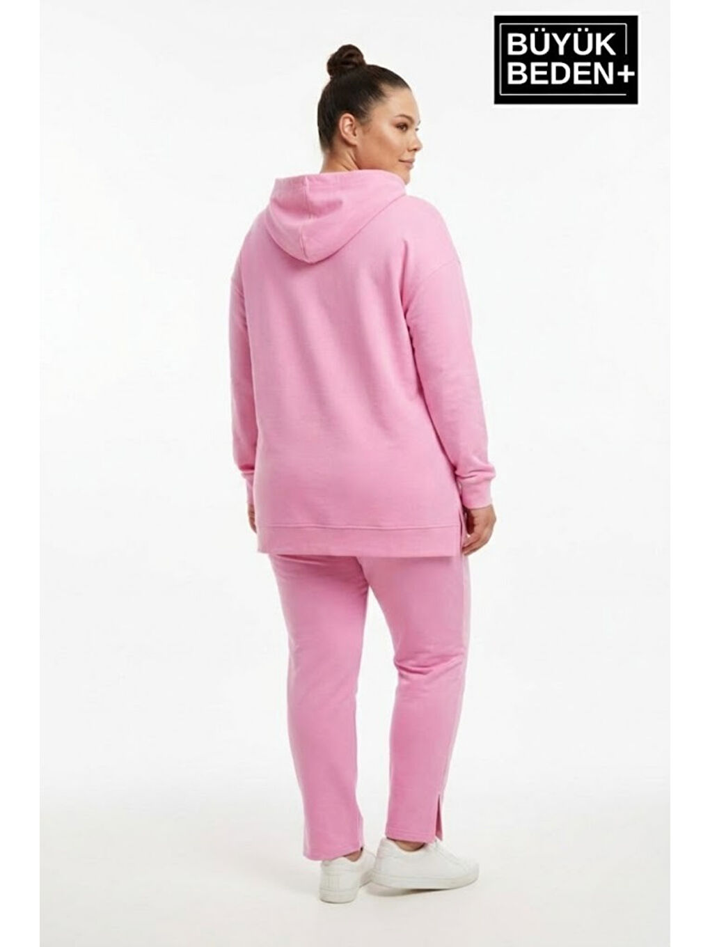 Pembe Büyük Beden Kapüşonlu NY Newyork Baskılı Tunik ince Sweatshırt SPR26BTK991-1-1