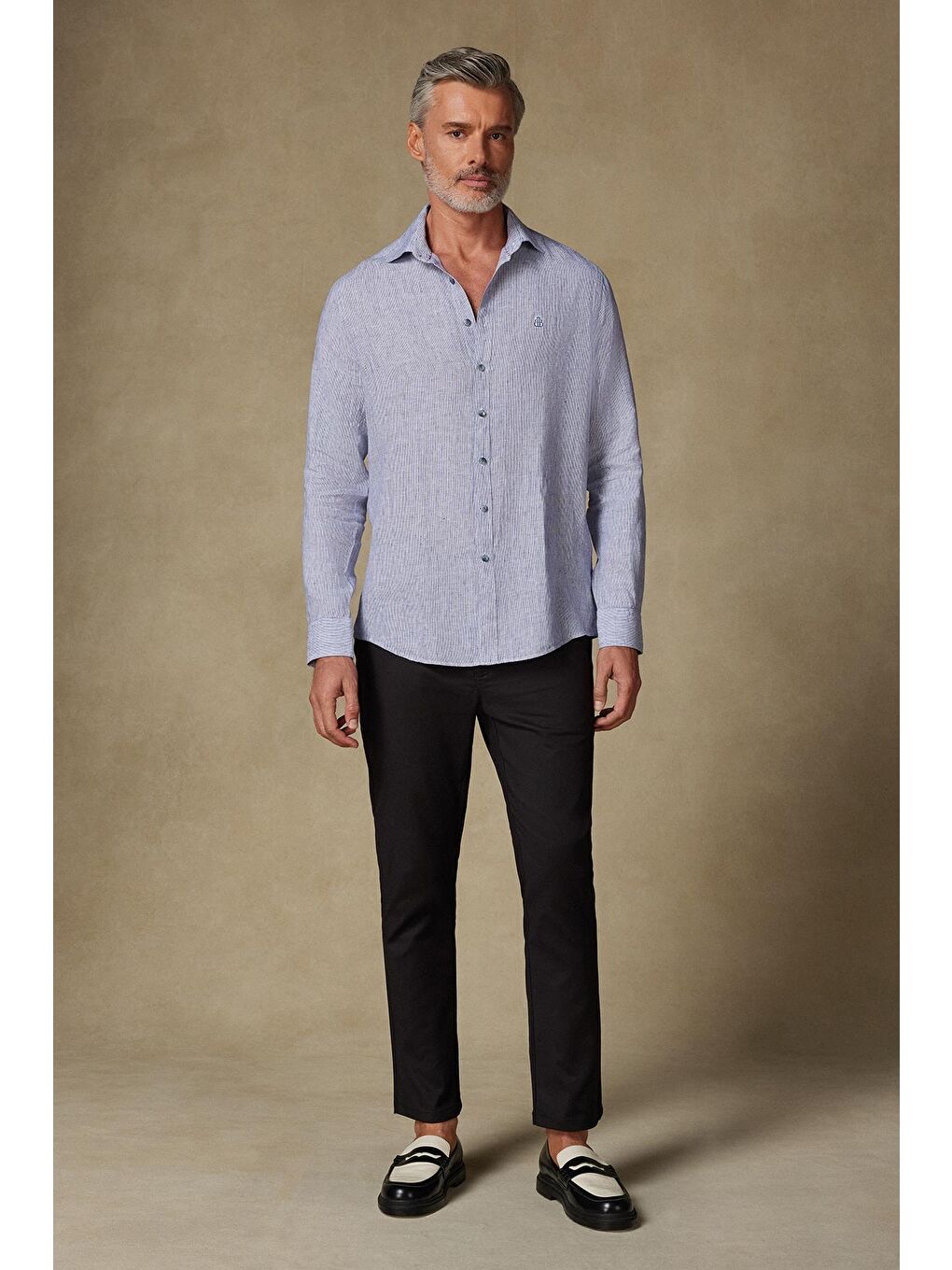 Lieno Keten Keten Comfort Fit Lacivert Klasik Yaka Erkek Çizgili Gömlek-2