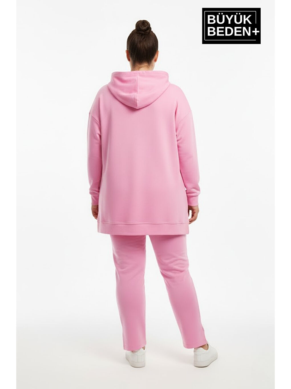 Pembe Büyük Beden Kapüşonlu NY Newyork Baskılı Tunik ince Sweatshırt SPR26BTK991-1-2