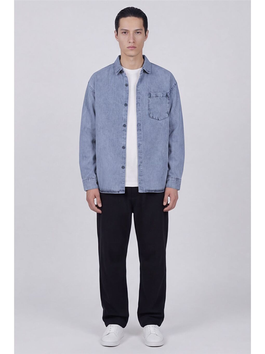 Erkek Buz Mavisi Normal Kesim Regular Fit Pamuk Torba Cep Uzun Kollu Denim Ceket Gömlek-1