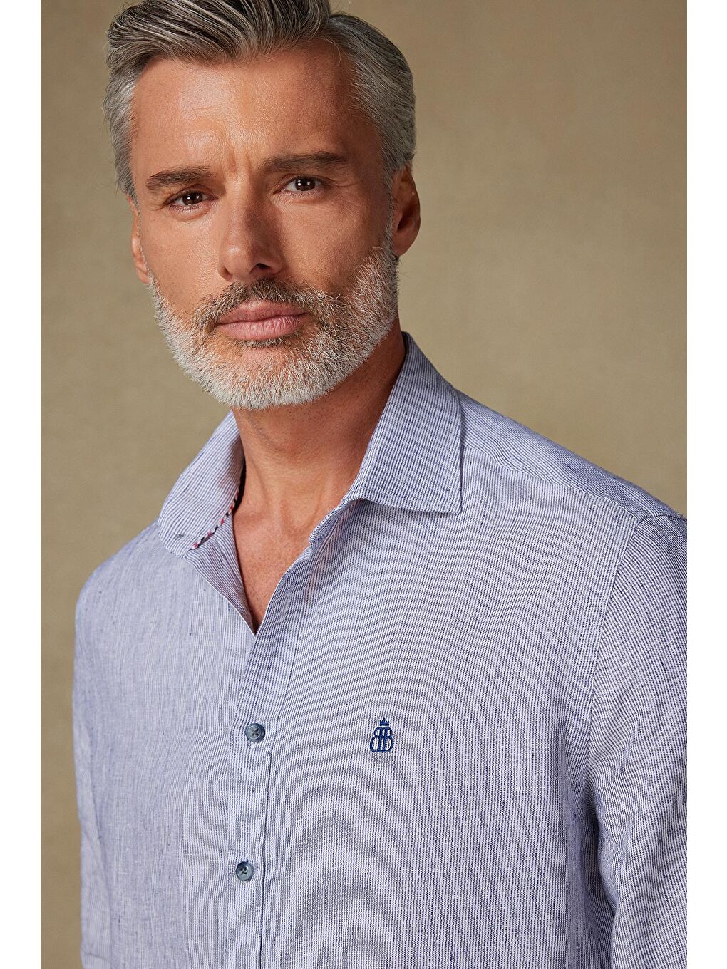 Lieno Keten Keten Comfort Fit Lacivert Klasik Yaka Erkek Çizgili Gömlek-3