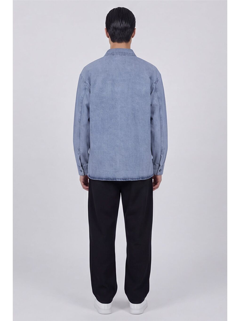 Erkek Buz Mavisi Normal Kesim Regular Fit Pamuk Torba Cep Uzun Kollu Denim Ceket Gömlek-3