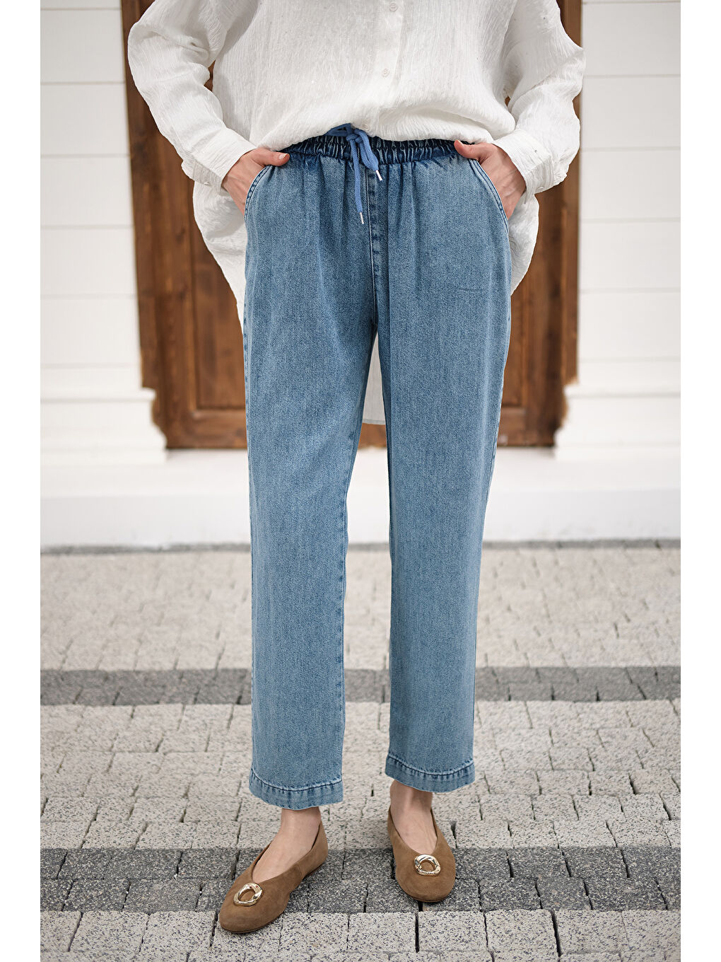 Kadın İp Kemerli Bol Paça Pike Pantolon Buz Mavi-2