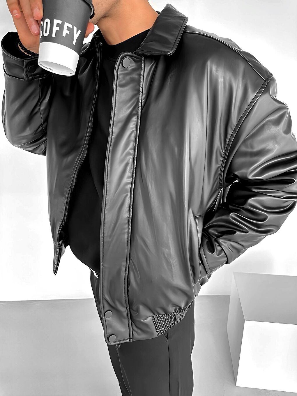 Erkek Oversize Premium Basic Deri Ceket Siyah-2