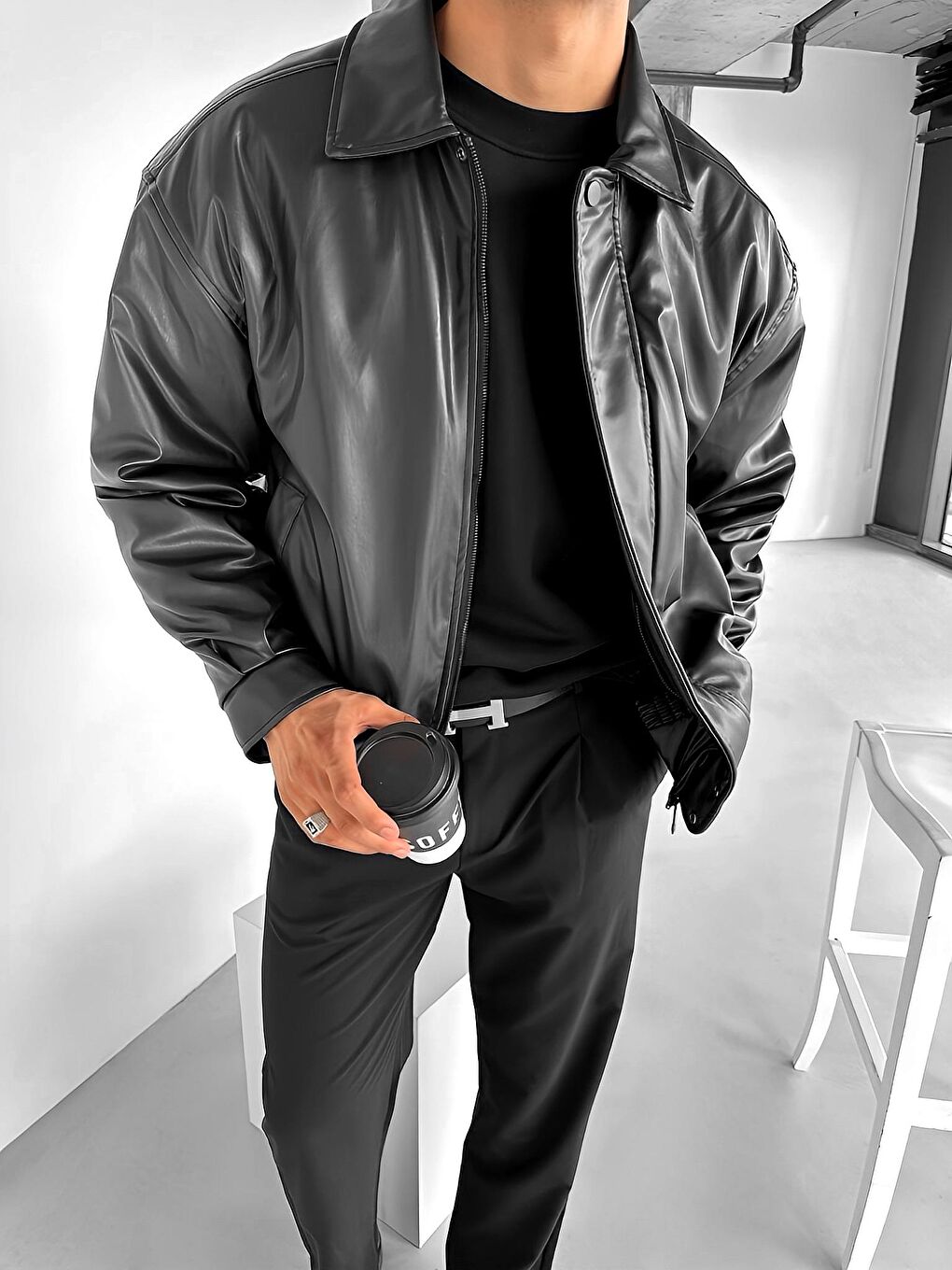 Erkek Oversize Premium Basic Deri Ceket Siyah-3