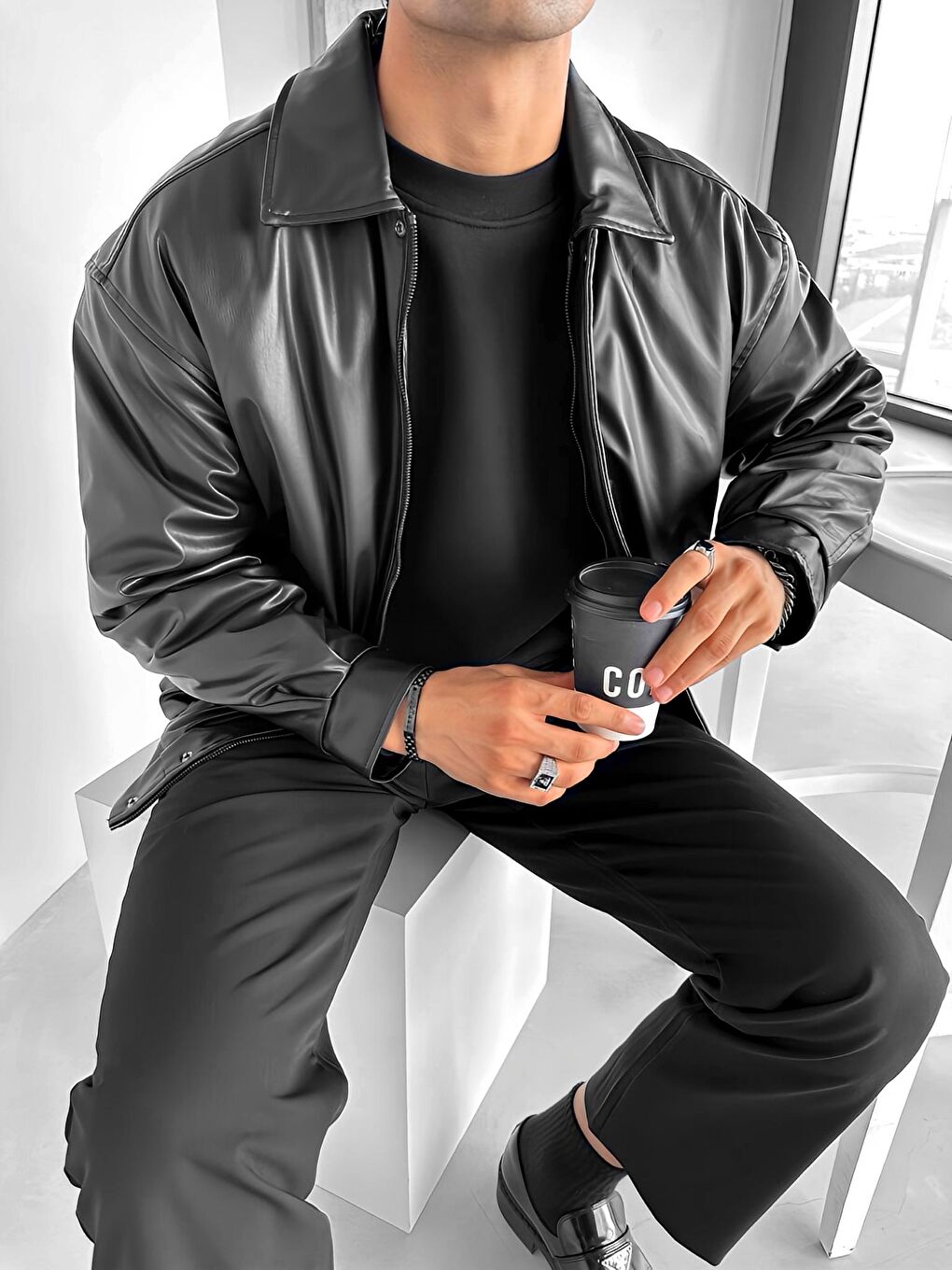 Erkek Oversize Premium Basic Deri Ceket Siyah-4