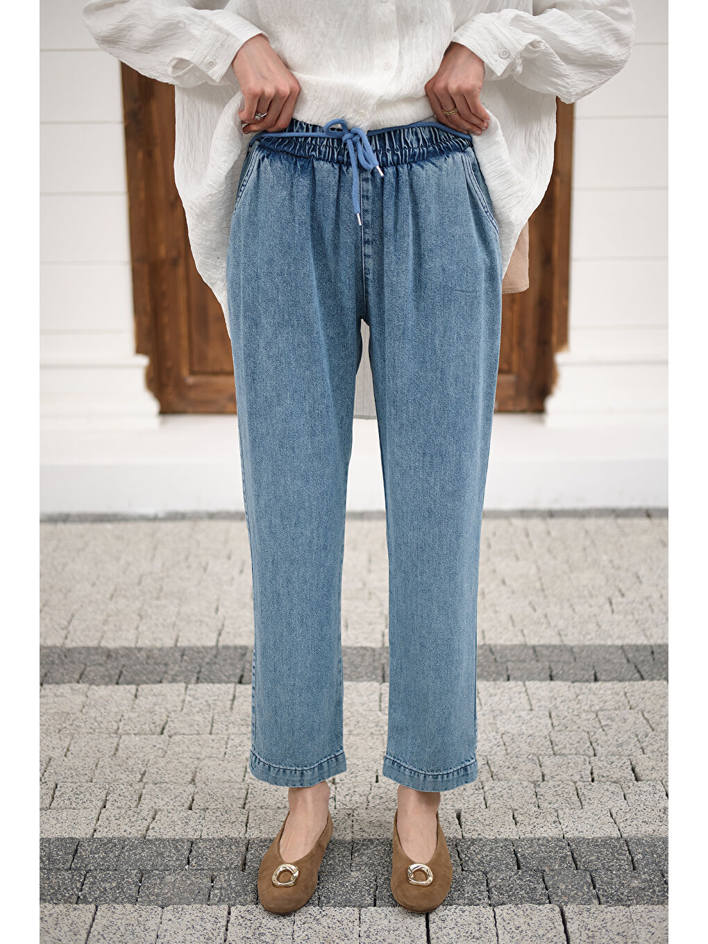 Kadın İp Kemerli Bol Paça Pike Pantolon Buz Mavi-3