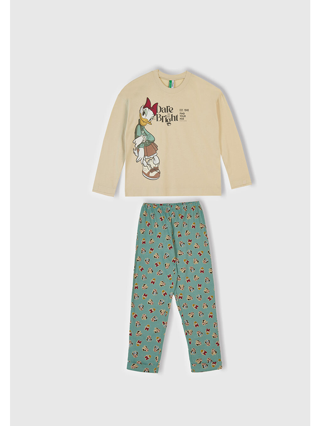 Ekru Kız Çocuk Krem Üstü Baskılı Altı Desenli Paçası Kıvrık Pijama Takımı