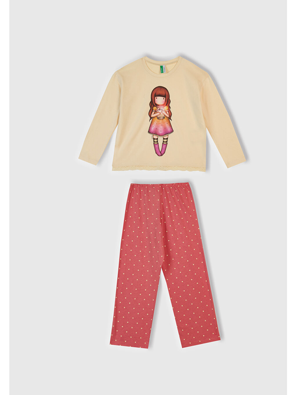 Kız Çocuk Krem-Turuncu Üstü Baskılı Altı Desenli Pijama Takımı