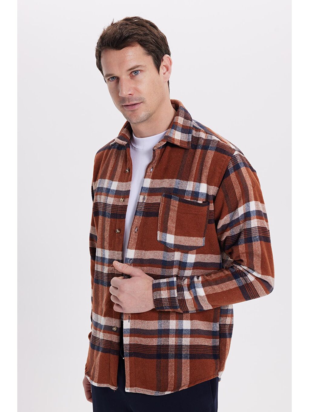 Kahverengi Erkek Regular Fit Rahat Kesim Kışlık Kareli Oduncu Gömlek-1