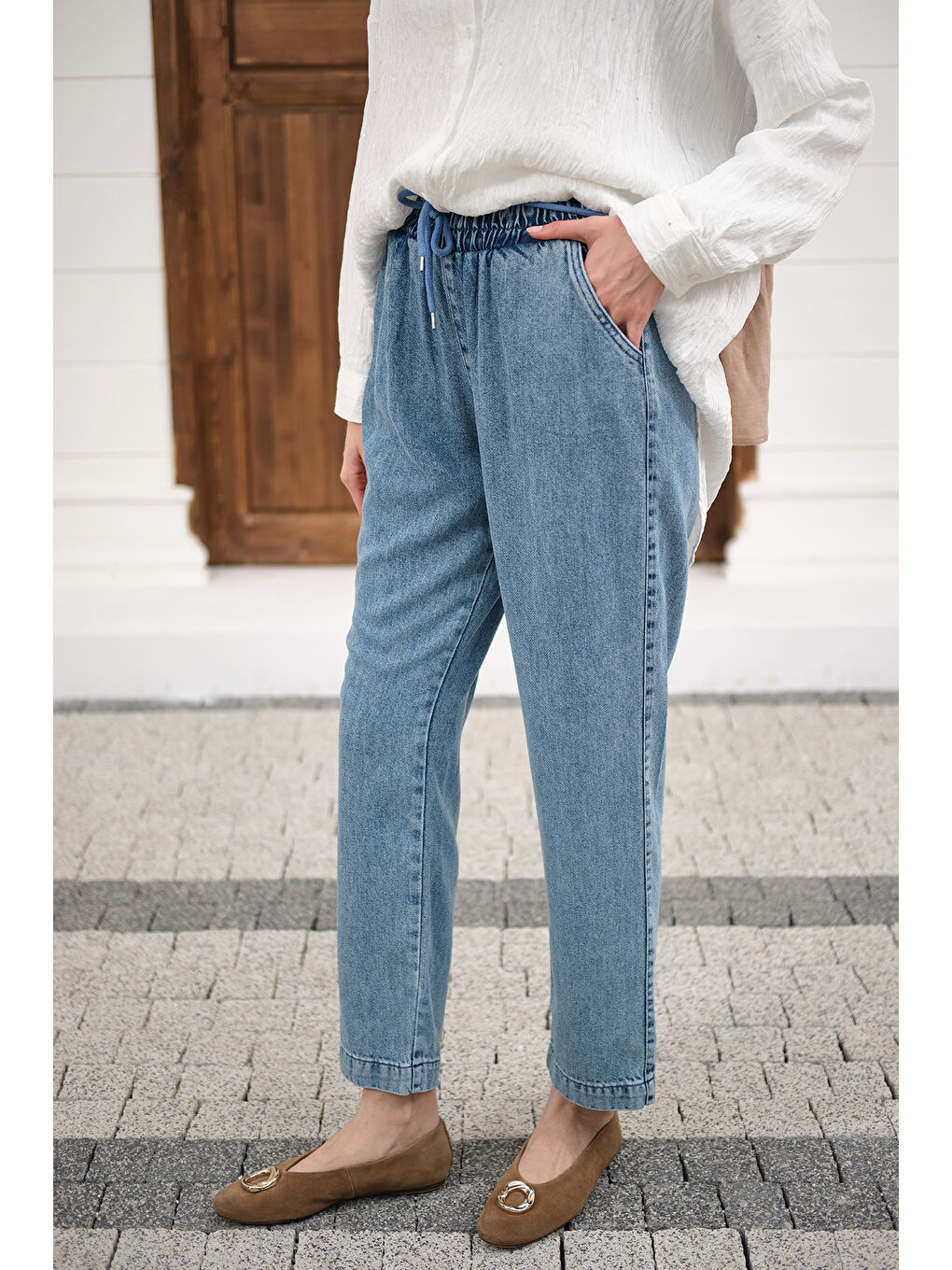 Kadın İp Kemerli Bol Paça Pike Pantolon Buz Mavi-4