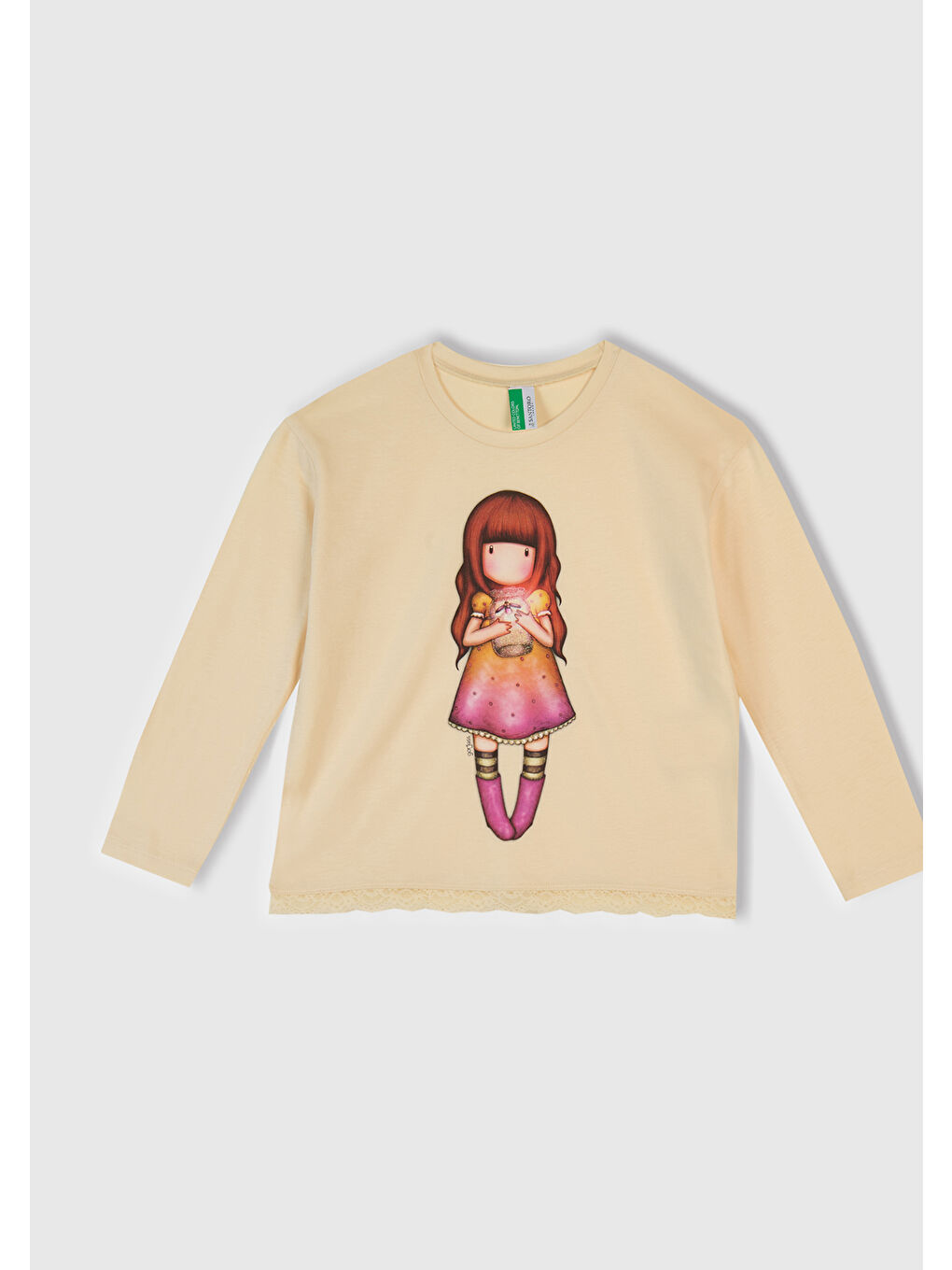 Kız Çocuk Krem-Turuncu Üstü Baskılı Altı Desenli Pijama Takımı-2