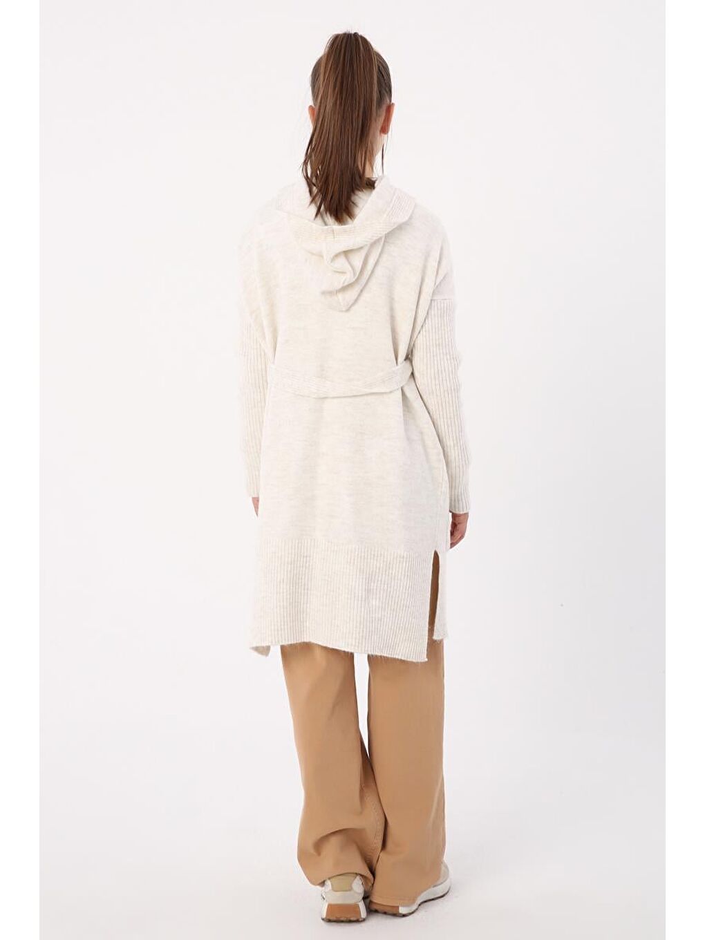 Ekru Kuşaklı Kapüşonlu Triko Hırka-3