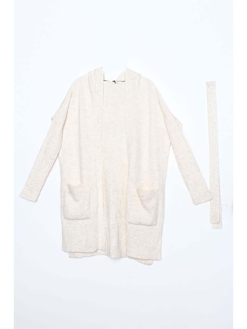 Ekru Kuşaklı Kapüşonlu Triko Hırka-6