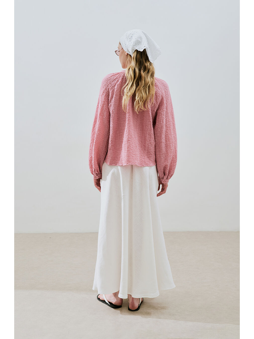 Dokulu Yakası Düğmeli Bluz Pembe-3