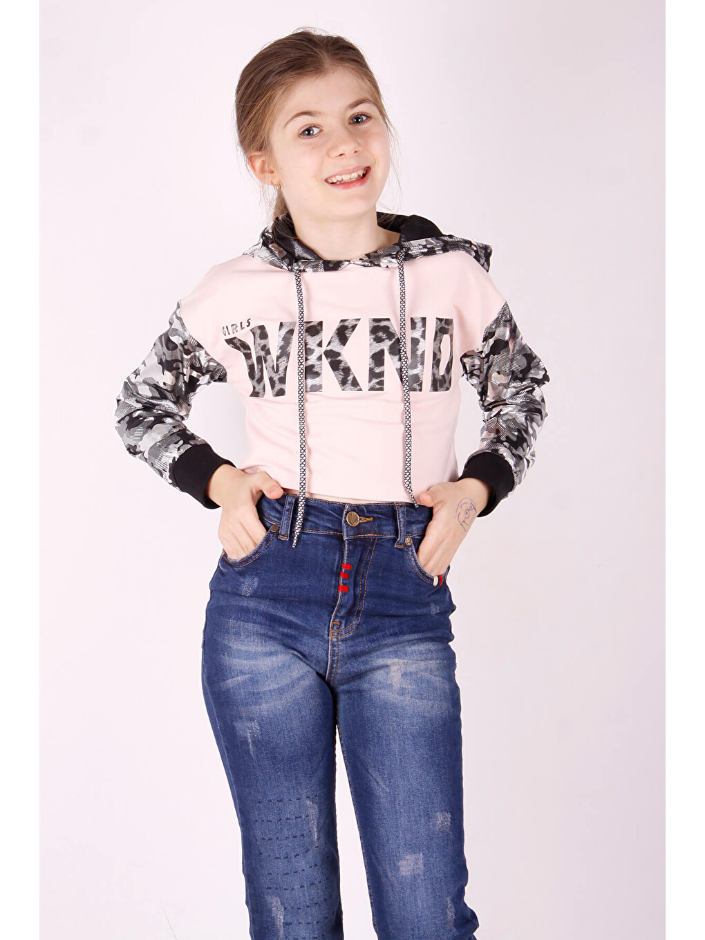 Pembe Kız Çocuk Kamuflaj Desenli Kapüşonlu Sweatshirt