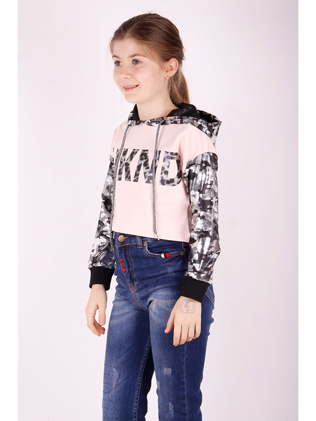 Pembe Kız Çocuk Kamuflaj Desenli Kapüşonlu Sweatshirt-1