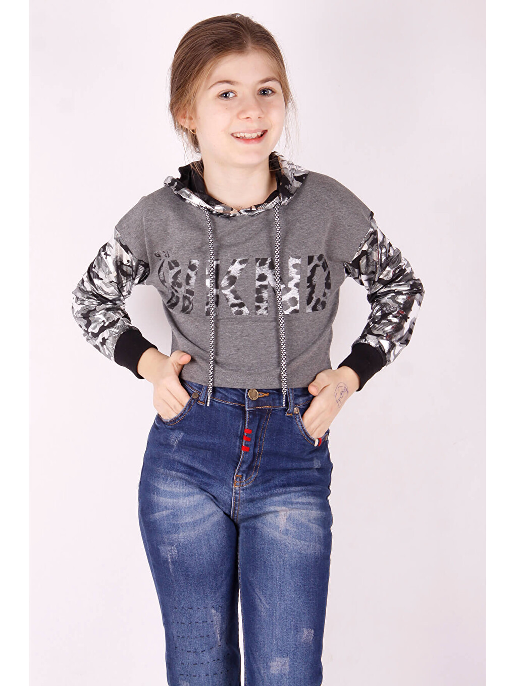 Antrasit Kız Çocuk Kamuflaj Desenli Kapüşonlu Sweatshirt