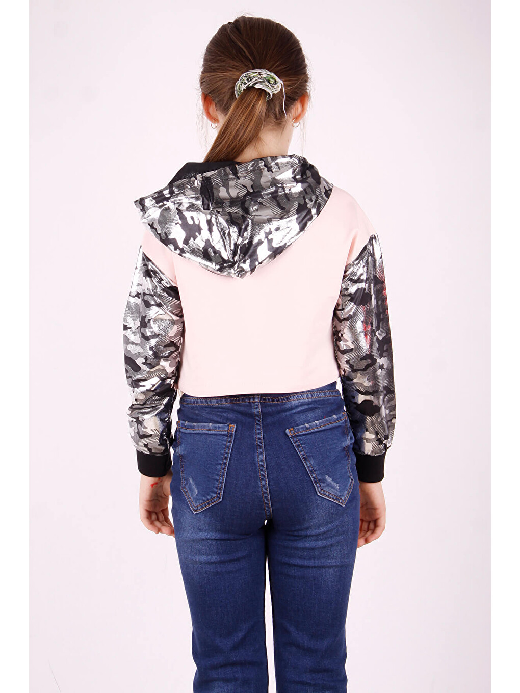 Pembe Kız Çocuk Kamuflaj Desenli Kapüşonlu Sweatshirt-2