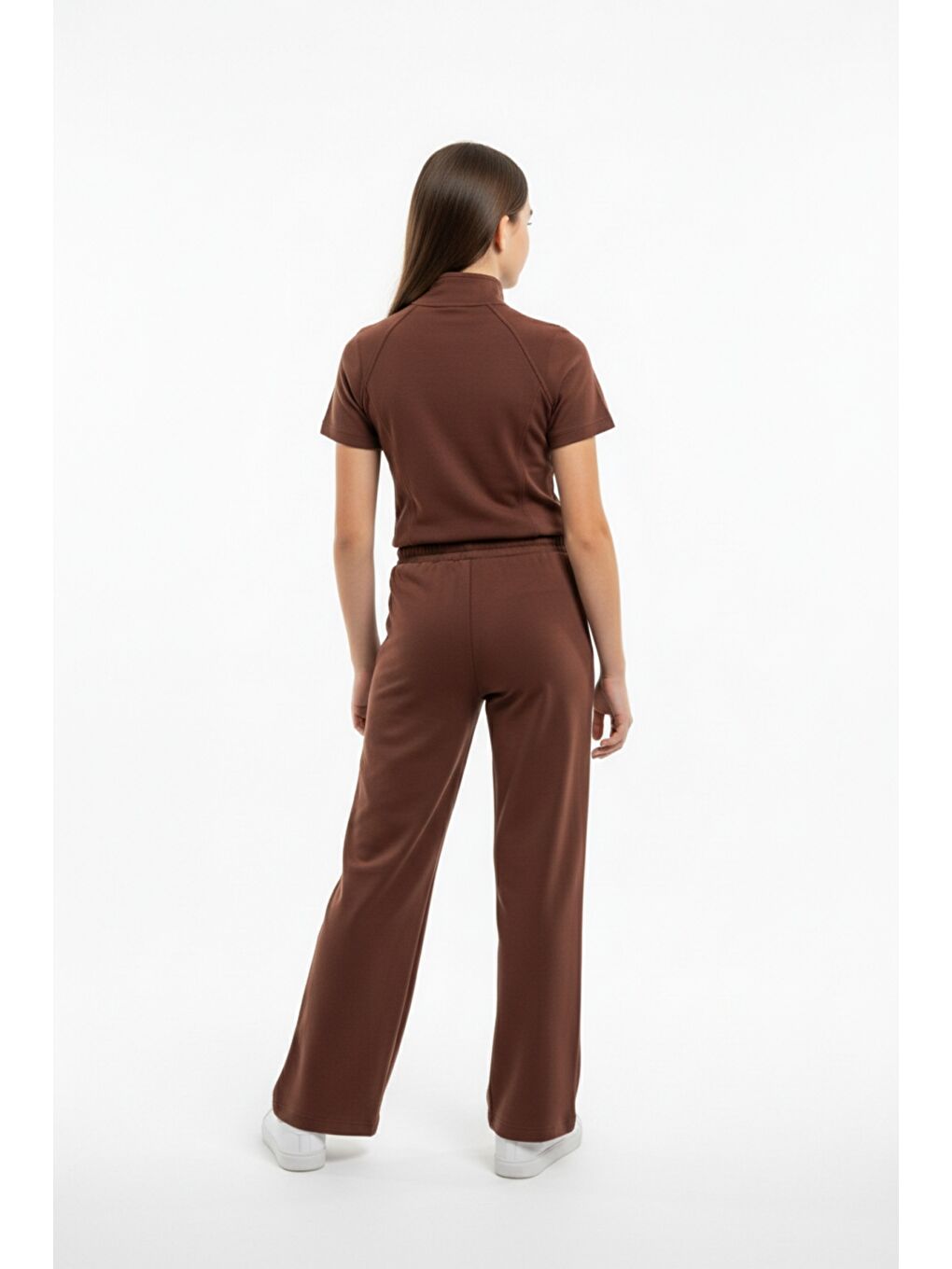 Kahverengi Kız Çocuk 2'li Takım Dik Yaka Yarım Fermuar Kısa Kollu Nakışlı Tişört & Beli Lastikli Bol Paça Bağl-3