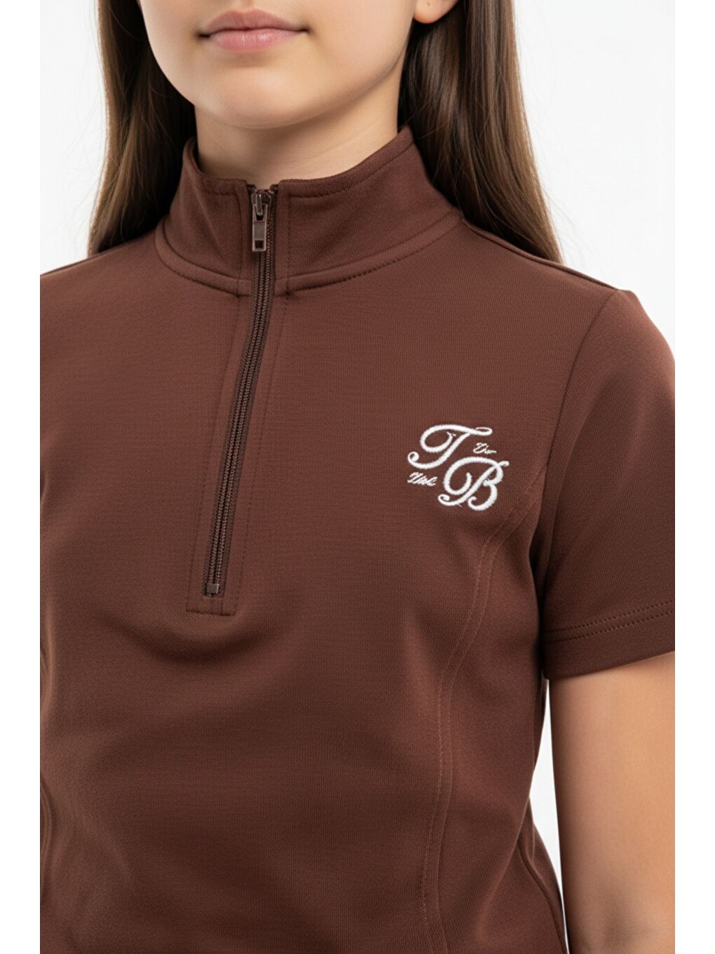 Kahverengi Kız Çocuk 2'li Takım Dik Yaka Yarım Fermuar Kısa Kollu Nakışlı Tişört & Beli Lastikli Bol Paça Bağl-4