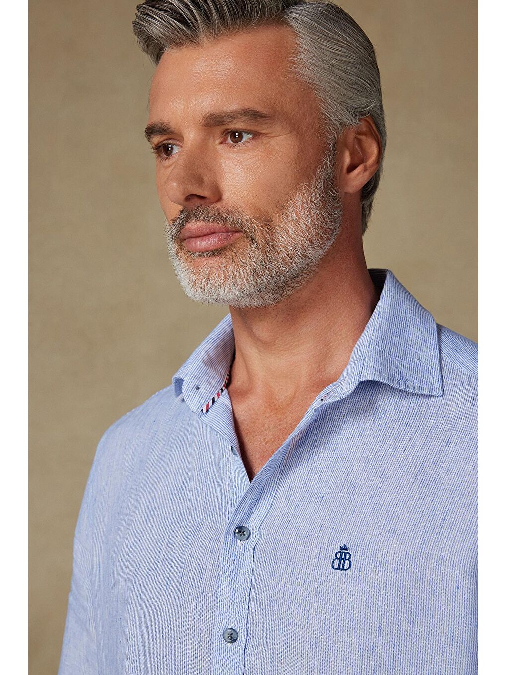 Lieno Keten Keten Comfort Fit Açık Mavi Klasik Yaka Erkek Çizgili Gömlek-3