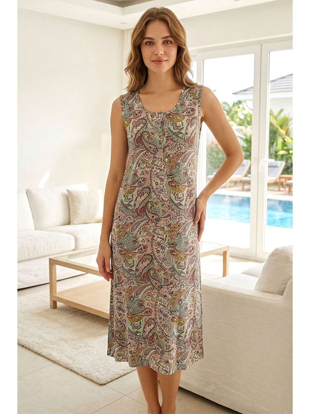 Kadın Şal Desen Sıfır Kol Viskon Elbise Pijama 40121-1529 Haki