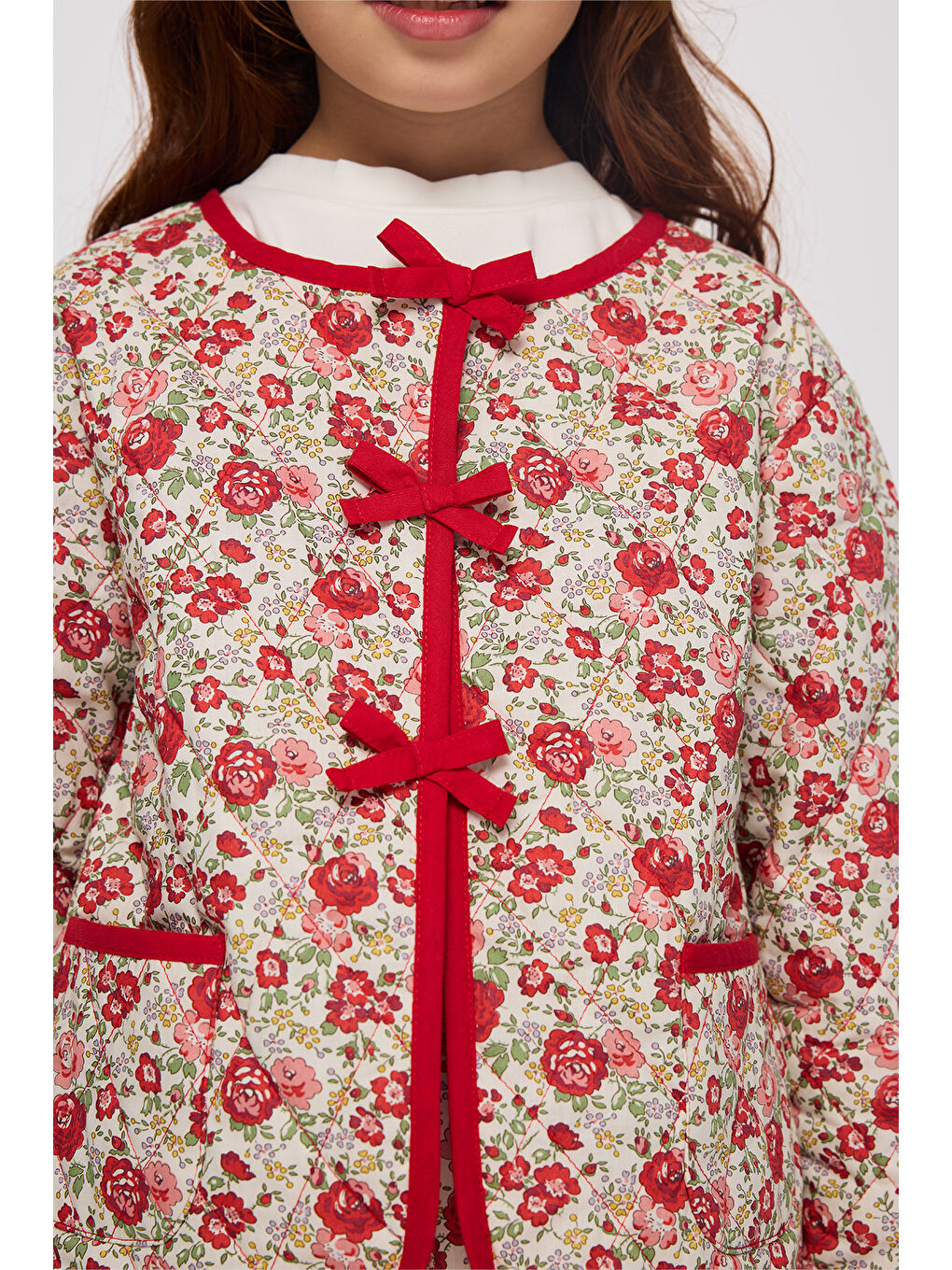 Kırmızı Liberty Kumaş Çiçek Desenli Kız Çocuk Ceket-5