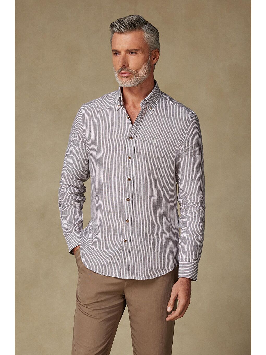 Sorento Keten Keten Comfort Fit Kahverengi Düğmeli Yaka Erkek Çizgili Gömlek