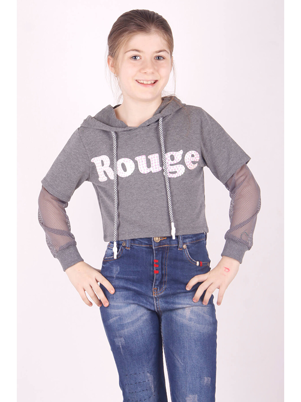Antrasit Kız Çocuk Rouge Baskılı Kapüşonlu Sweatshirt