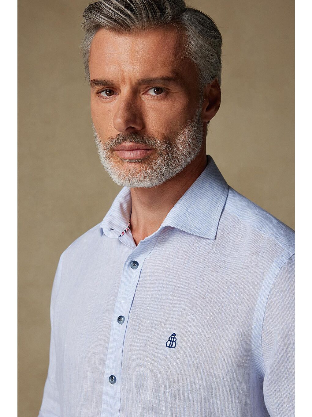 Lieno Keten Keten Comfort Fit Koyu Mavi Klasik Yaka Erkek Çizgili Gömlek-3