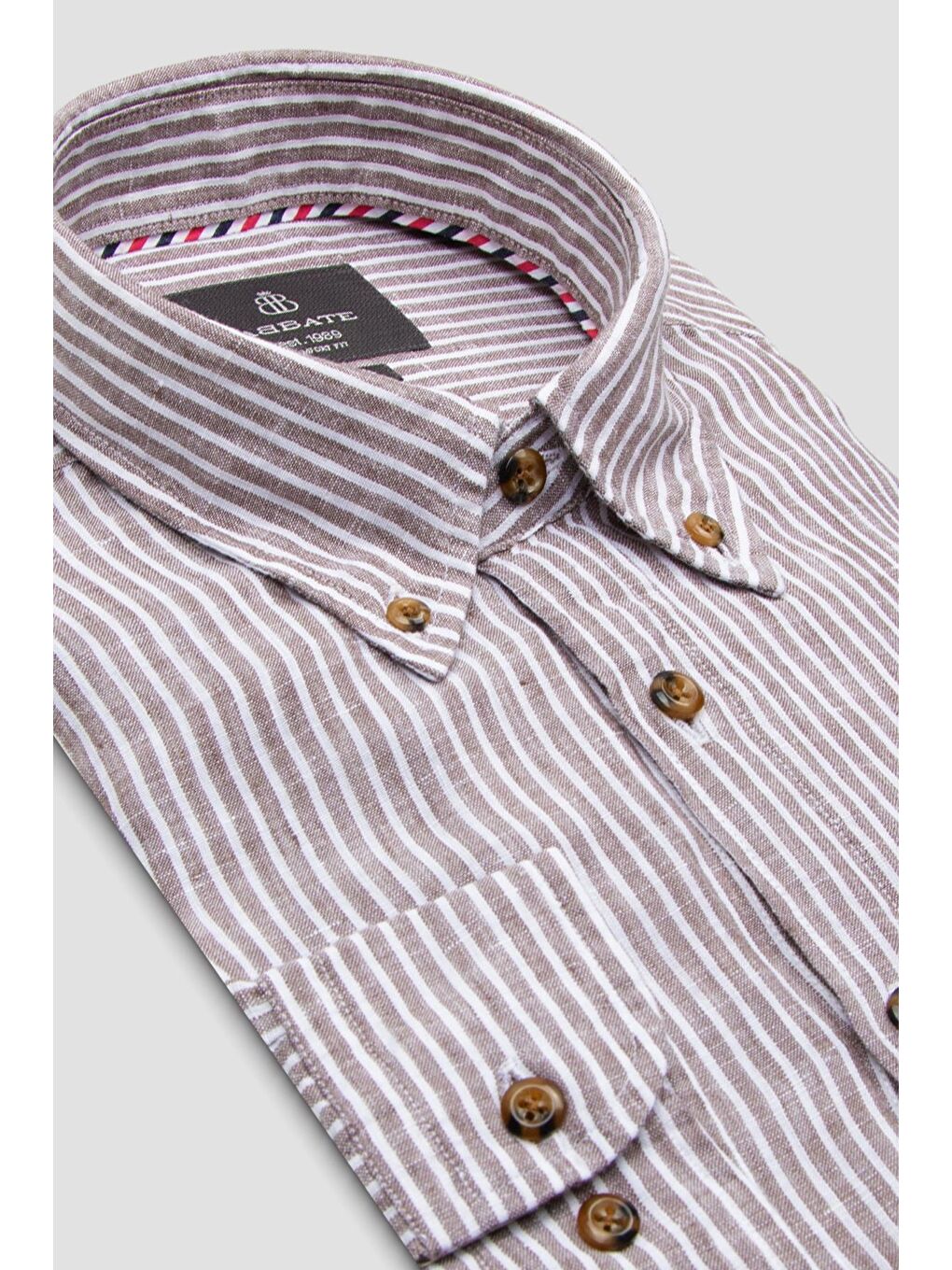 Sorento Keten Keten Comfort Fit Kahverengi Düğmeli Yaka Erkek Çizgili Gömlek-1